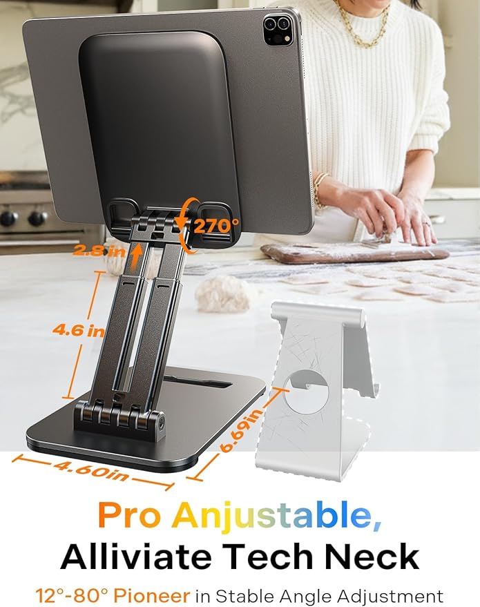 LISEN iPad Stand Tablet Holder - Foldable iPad a16 Accessories Kindle Bed Home Gadgets Men Gifts Office Desk Accessories for Women, Portable Monitor Stand for Tablet Galaxy Tab Fire HD 4-15.9" Black