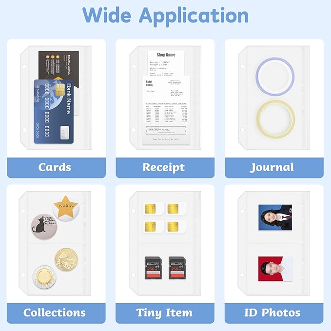 16 Pack Zippered Binder Pocket Sleeves for A7 Binder - Frosted Zipper Pouch Set Photo Card Jewelry Storage Organizer Binder Insert Refill Cash Saving Pages Protector Loose Leaf Bag (2-Hole)