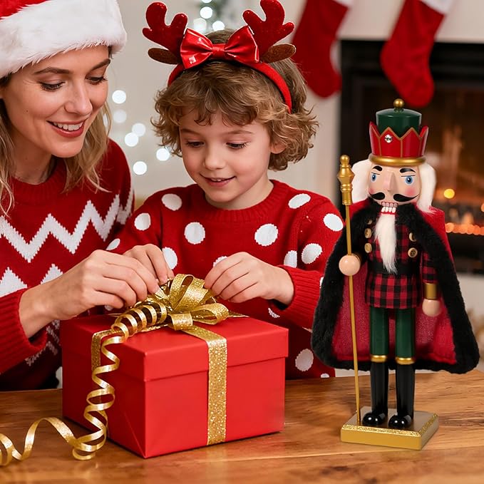 Nutcracker Christmas Decor, Wooden Nutcracker Soldier Christmas Decoration Home Mantle Table Fireplace Christmas Ornaments for Festival Party(14" RedBlack Fur Coat Staff Nutcracker)