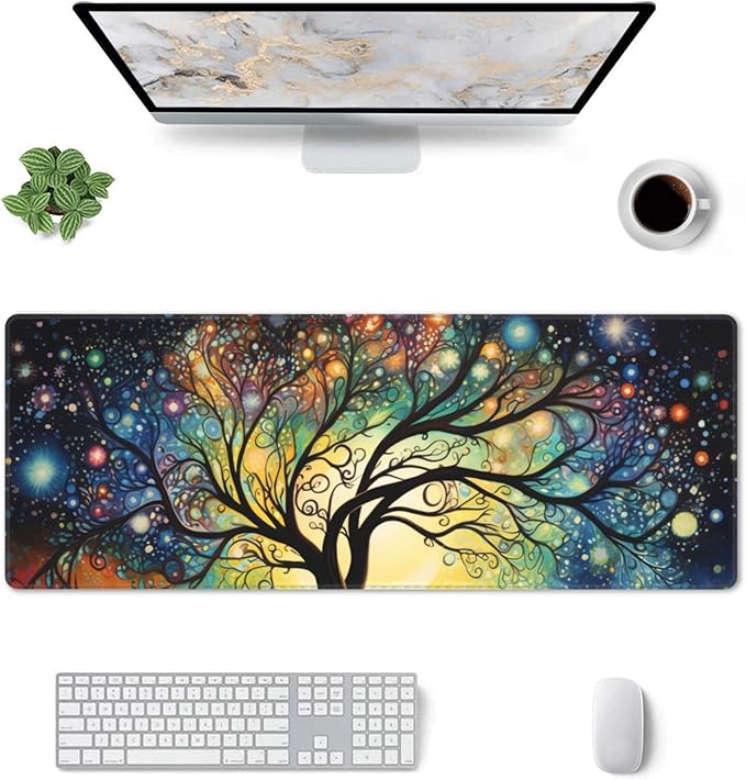 Large Gaming Cosmic Tree Design Mouse Pad 31.5 x 12 Inch, Non-Slip Base, Water Resistant, Ideal for Gamers, Office & Home