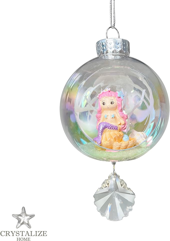 Mermaid Pink Christmas Ornament - Handmade Shatterproof Decorations for Indoor Outdoor Xmas Tree - Clear Ball Ornaments with Magnetic Crystal - Great Gift or Stocking Stuffer for Mom, Sister, Friend