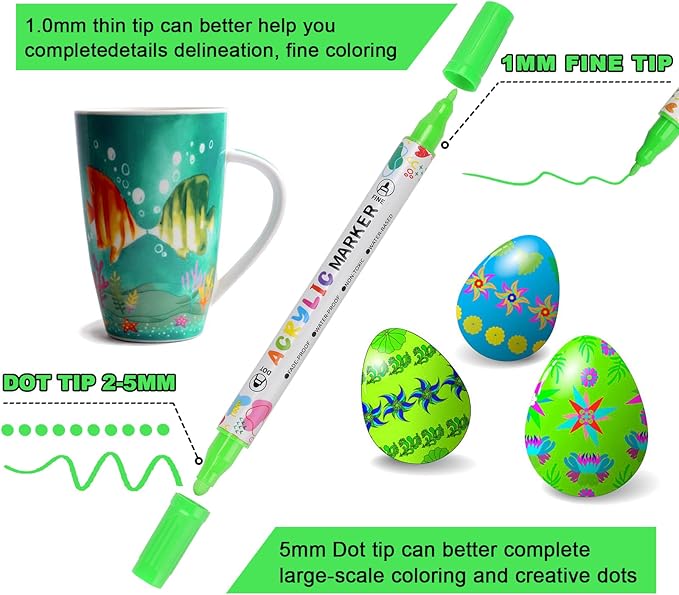 48 Colors Acrylic Paint Pens, Dual Tip Acrylic Paint Markers for Paper, Wood, Canvas, Stone, Rock Painting, Glass, Fabric, DIY, Ceramic, Art Supplies for Kids and Adults Drawing (Dot + Fine)