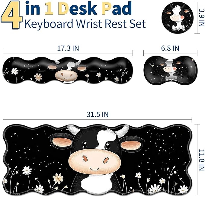 4-Piece XXL Gaming Mouse Pad Set (31.5"x11.8") with Keyboard Wrist Rest,Mouse Wrist Support & Coaster,Ergonomic Non-Slip Desk Mat for Office & Home,Cute Black White Cow