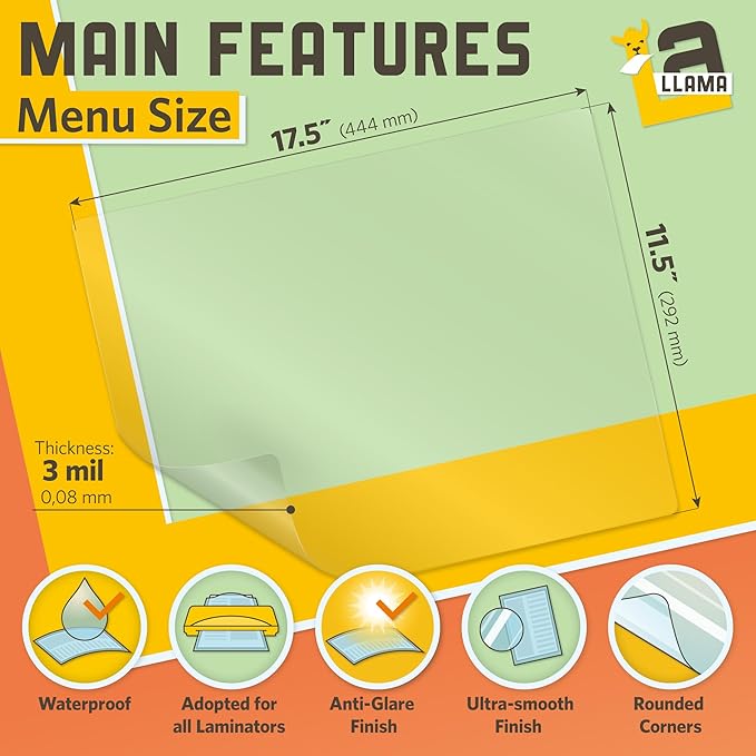 Matte Thermal Laminating Pouches, 11.5 x 17.5 Inches, Matte Finish, 3 Mil Thick, 50 Pack, Suited for Menu Size Laminating Sheets 11 x 17