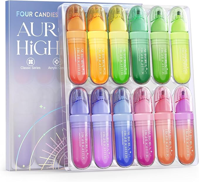 Four Candies 12 Pcs Highlighters Assorted Colors, Cute Pastel Highlighter Set, Dry Quickly, Soft Chisel Tip, No Bleed Bible Highlighter, Aesthetic Highlighters for School, Purple Christmas Gifts