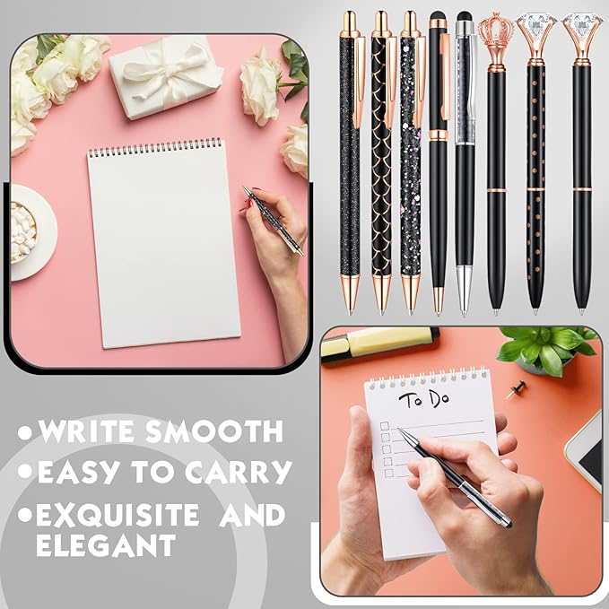 12 Pcs Diamond Pens Metal Liquid Sand Glitter Cute Ballpoint Pen Set Girly Crystal Pen Women Ballpoint Pen Black Ink Ball Point Pen Gift for Women Office Supplies School Wedding Party Desk (Black)