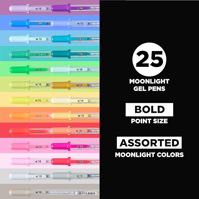SAKURA Gelly Roll Moonlight Size 10 Gel Pens - Bold Point Ink Pen for Journaling, Art, or Drawing - Assorted Colored Ink - Bold Line - 25 Pack