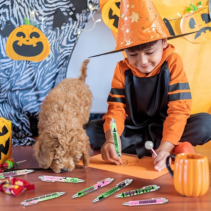 Halloween Princess and Witch Pens Set – Magical Fantasy-Themed Ballpoint Pens for Girls, Students, Stationery Lovers – Smooth Writing Pens for School, Journaling, Gifts – Pink Green Pens, 8 Pack