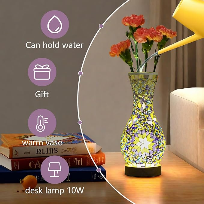 Stylish Turkish Mosaic Table Lamp Glass Vase Light with USB Power for Living Room or Bedroom Decoration