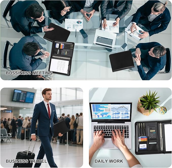 Leathario 3-Ring Portfolio Binder, Includes 5 Sheet Protectors and a Pen, 13 Inch Tablets Organizer, Vegan Leather A4 Padfolio, Multi-Pocket Notepad Business Planner Professional Document