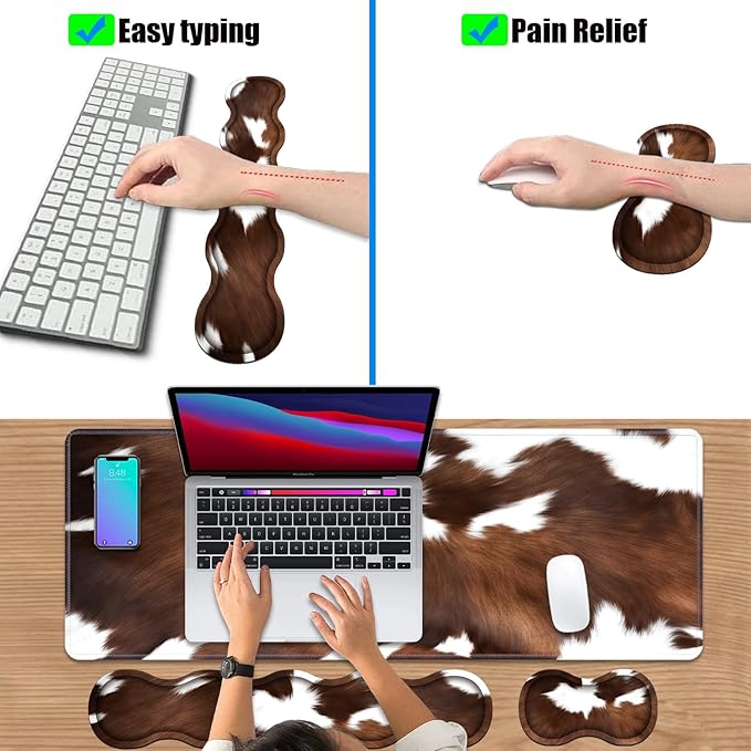 4 in 1 Ergonomic Keyboard Wrist Rest & Mouse Pad Wrist Rest Set, Large XXL Gaming Desk Mat 31.5"x 11.8" with Non-Slip Base, Memory Foam for Home Office Study Gaming, Brown Black Cow Print