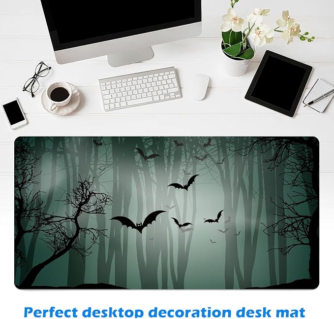 MAYCARI Halloween Cute Bat Mouse Pad Kawaii Cartoon Funny Spirit Extended Desk Mat Non-Slip Rubber Baseb Large Green Mousepad for Desk Gaming Laptop Desktop 31.5"X15.7"