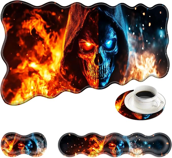 Large Mouse Pad and Keyboard Wrist Rest, Desk Pad for Keyboard and Mouse, 4-in-1 Large Gaming Mouse Pad with Wrist Support, Desk Mat for Home Office Study Game-Flaming Skull