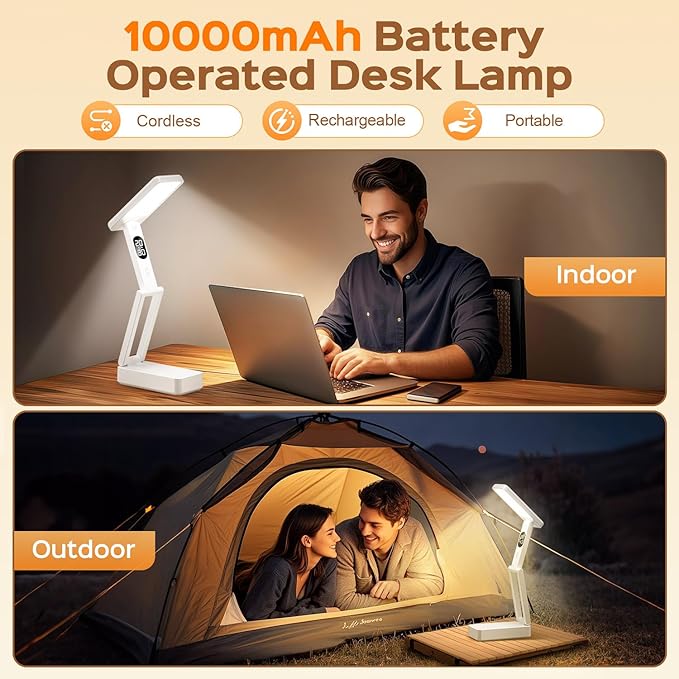 Small Desk Lamp,10000mAh Battery Operated Lamp,3 Colors+Dimmable Desk Light,LED Desk Lamp with USB Charging Port+Digital Clock+45min-Timer,Wireless & Portable Light,Desk Lamps for Home Office,Craft