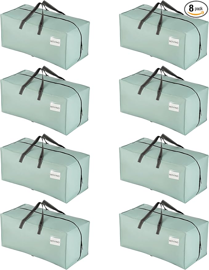 VENO 8 Pack Moving Bags w/Backpack Straps, Heavy Duty, Moving Boxes Alternative, Packing Supplies, Large Storage Totes for Dorm Room Essentials with Zipper for Clothes (Light Green Matte, 8 Pack)