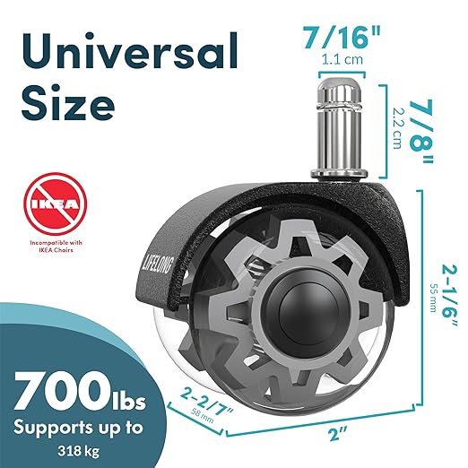 Lifelong Office Chair Wheels Replacement Rubber Chair Casters for Hardwood Floors and Carpet, Set of 5, Heavy Duty Casters for Chairs to Replace Office Chair Mats - 2 Inch Universal Fits 98%