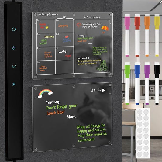 Magnetic Acrylic Calendar for Fridge,2 Pack 12"x16" Clear Fridge Calendar Dry Erase Magnetic Planning Boards Set(Weeklyly Planner+Blank Memo Board)