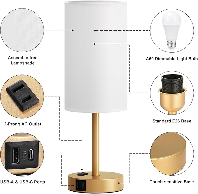 Fenmzee Gold Nightstand Bedroom Lamp - 3 Way Dimmable Bedside Lamp USB C A Charging Ports and AC Outlet, Small Table Lamp Linen Lampshade for Office Desk