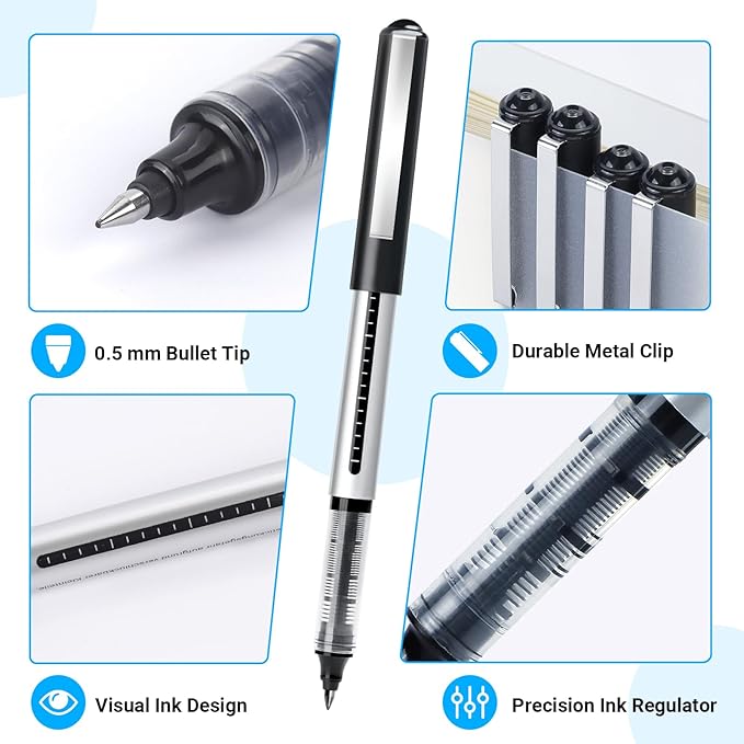 Rollerball Pens Fine Point Pens, 26 Pack Black Liquid Ink Rollerball Pens, 0.5mm Roller Ball Pens, Smooth Writing for Journaling School Office