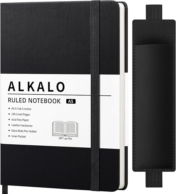 Lined Journal Notebook for Work, A5 Leather Notebook with Pen Sleeve, 100GSM/160 Pages Thick Paper, Daily Journals for Writing, School, Note Taking, Business, Travel, College Ruled