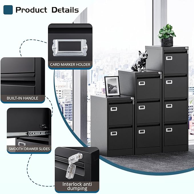 MIIKO 4 Drawer Filing Cabinets with Lock, Metal File Cabinet with 4 Drawers, Home Office File Folders Cabinet for Letter Legal A4 File Size