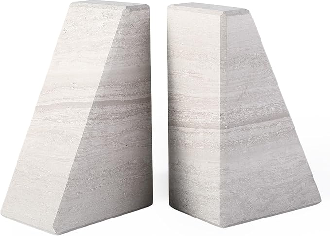 Marble Book Ends for Heavy Books, Decorative Bookends for Shelves, Durable and Heavy-Duty Bookends for Hardback Book & CDS, Off-White Unique Books Stopper & Holder, Set of 2