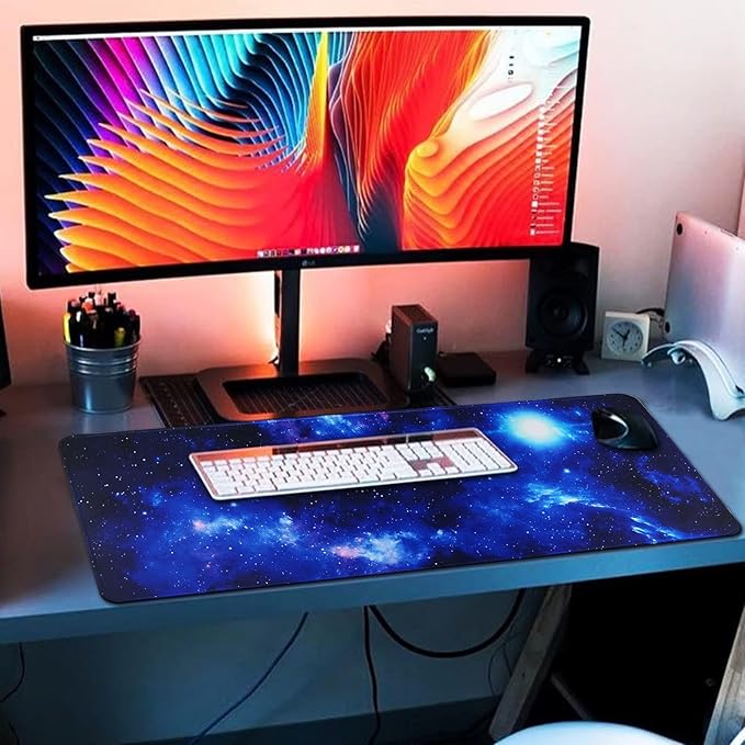 Large Gaming Mouse Pad with Stitched Edges,[27.5x11.8In] Extended Blue Space Mouse Pad with Non-Slip Natural Rubber Base for Gamer/Desktop/Office/Home 70x30 Bluespace04