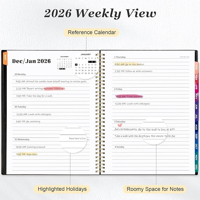 Oucaru 2026 Planner, Weekly and Monthly Planning Calendar, Jan 2026 - Dec 2026, 6.3" x 8.5", Spiral Bound, 12 Habit Trackers & Monthly Tabs, 2 Storage Pockets, Perfect for Office Home School Supplies