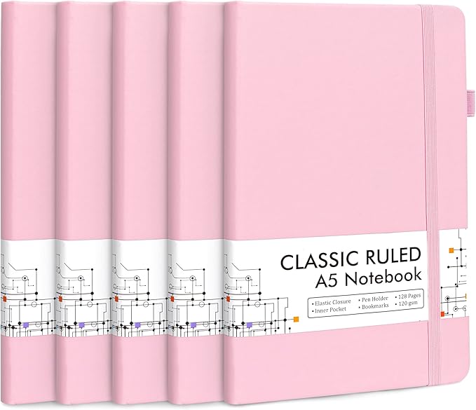 feela 5 Pack Notebooks Journals Bulk, Hardcover Notebook Classic Ruled Lined Journals with Pen Holder for Women Girls School Business Supplies, with 5 Black Pens, 120 GSM, 5.1”x8.3”, A5, Rose Pink