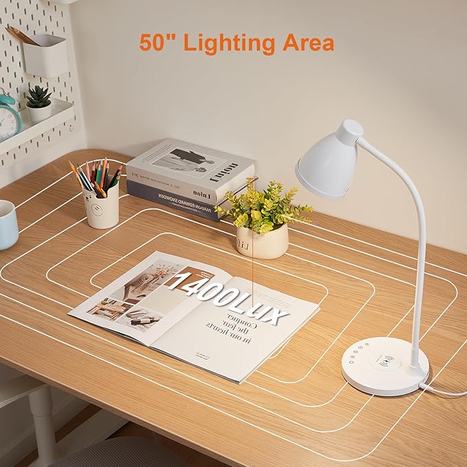 BOHON Desk Lamp for Home Office, LED Desk Light with USB C+A Charging Ports, Wireless Charger, 5 Colors Stepless Dimming Reading Light Timer, Touch Bedside Table Lamp for College Dorm Room White