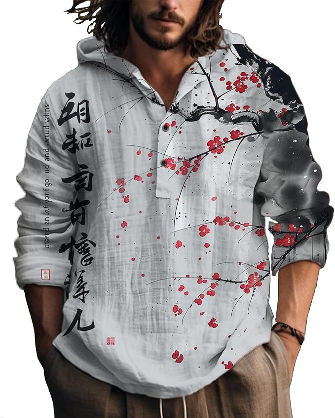 MARSVOVO Hooded Long Sleeve Shirt Men Fashion Graphic Button Up Lightweight Big and Tall Casual Vacation Shirts for Men