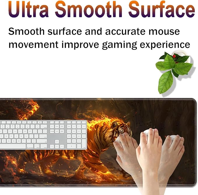 Large XXL Gaming Desk Mat 31.5"x 11.8", Ergonomic Keyboard Wrist Rest & Mouse Pad Wrist Rest + Coaster Set, Non-Slip Base, Memory Foam, Office and Home, Fire Tiger