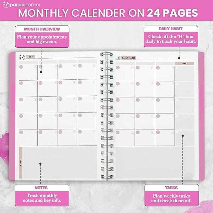 Panda Planner 2025-2026 Undated Weekly Planner, Weekly To Do List Notebook with Spiral Binding - 5.75” x 8.25”, 52 Weeks - Undated Planner with Habit Tracker Notebook for Home, School & Office (Pink)