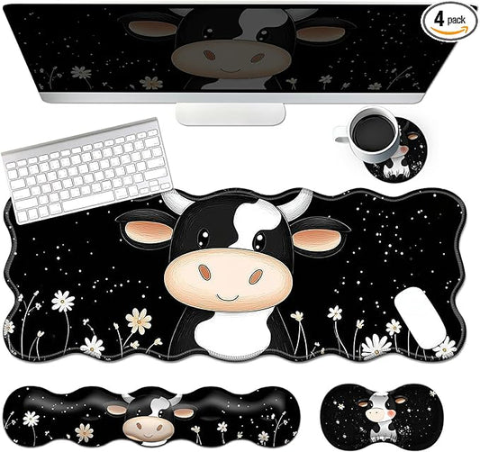 4-Piece XXL Gaming Mouse Pad Set (31.5"x11.8") with Keyboard Wrist Rest,Mouse Wrist Support & Coaster,Ergonomic Non-Slip Desk Mat for Office & Home,Cute Black White Cow