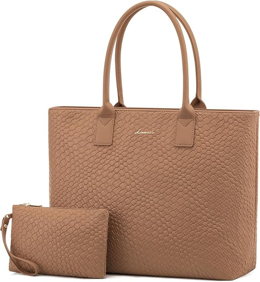 LOVEVOOK Laptop Purses and Handbags for Women, 15.6 Inch Computer Bag Work Tote Briefcase Satchel Handbags for Women with Small Clutch, Light Brown