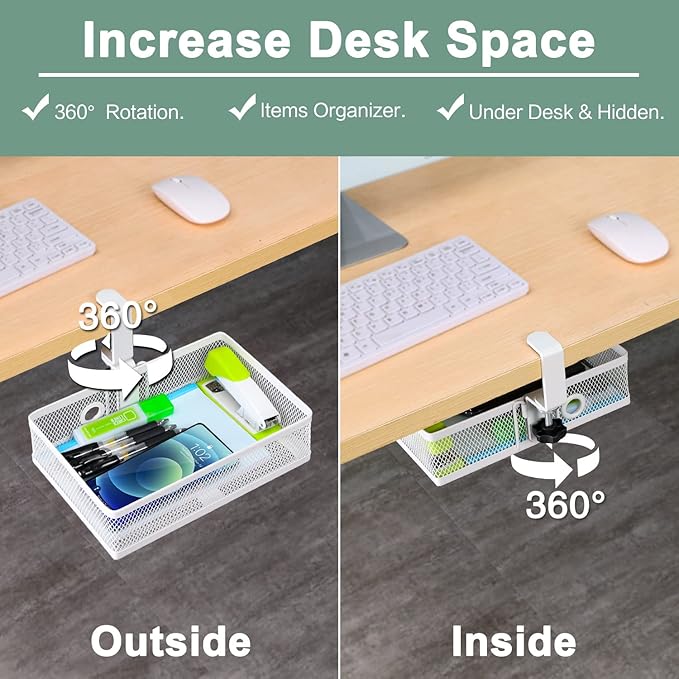 ROSYLINE Clamp On Desk Organizer - Under Desk Hanging Drawer with Storage Basket, Multi-Scene Mount Tray for Home Dorm Office (White)