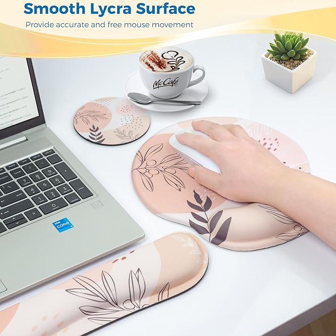 Mouse Pad and Keyboard Wrist Rest Support, with Non-Slip PU Base,Gel Mouse Pad with Coaster,Pain Relief for Gaming, Computer,Office -Boho Leaves