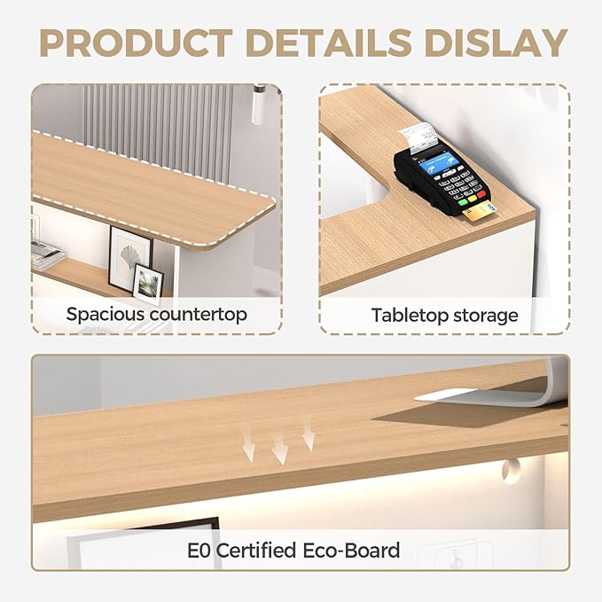 Modern Reception Desk with LED Lights - 47" Front Desk Reception Counter with Dual Display Shelves & Hidden Cable Management, Lockable Drawer & Storage Cabinet for Office, Salon, Spa, Retail, Right