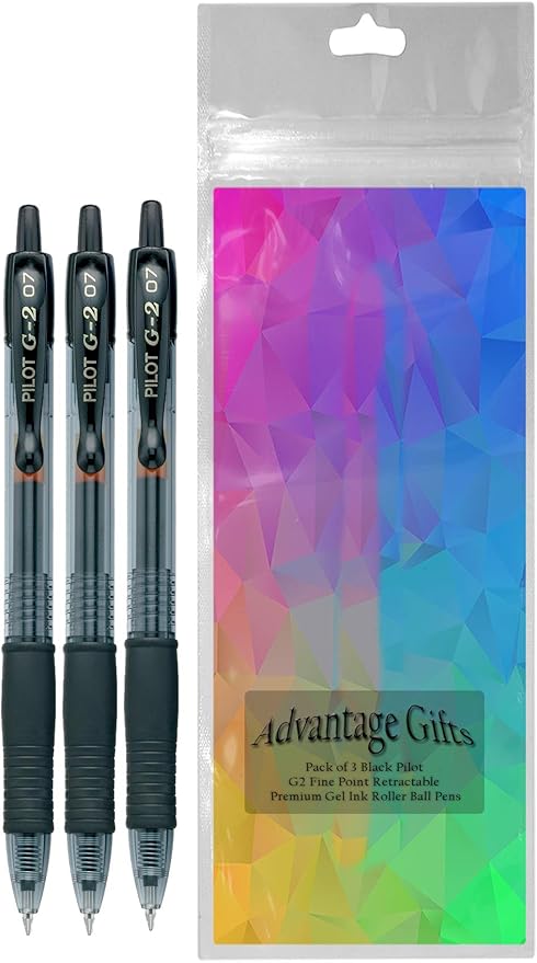 G2 Retractable Premium Gel Ink Roller Ball Pens Fine Point Fine Point (.7mm) Black Ink 3-pk; Refillable & Premium Comfort Grip Bundle with Plastic Reusable Pouch