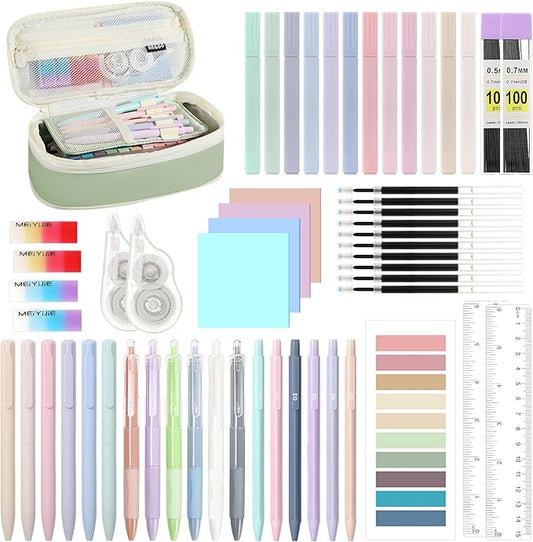 MoKo 56 PCS Aesthetic School Supplies with Pencil Pouch, Cute Stationery Set for Students Office, 12 Gel Pens, 12 Pastel Highlighters, 6 Mechanical Pencils 0.5 & 0.7mm, Sticky Note Index Tab (Green)