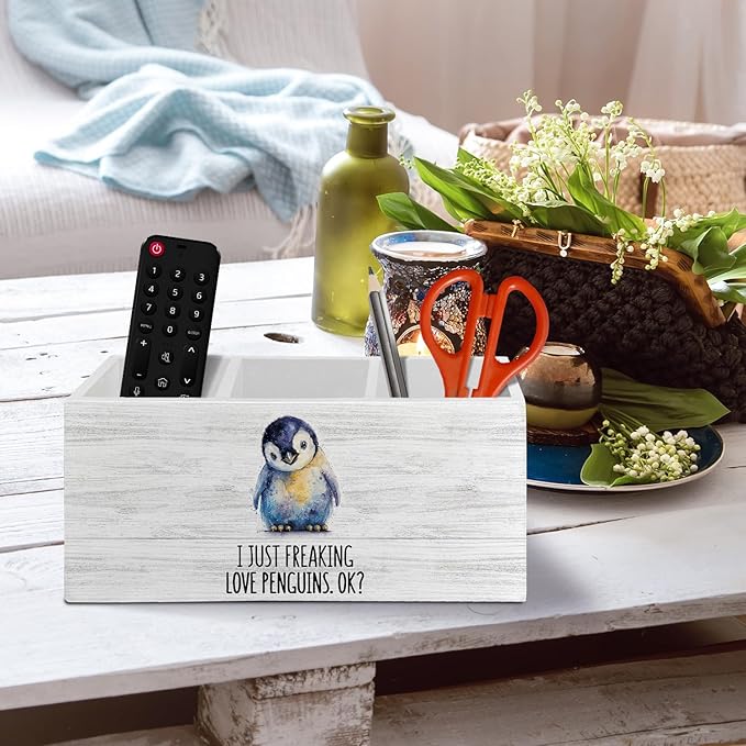Penguin Gifts Pen Pencil Holder Organizer for Desk Accessories, I Just Freaking Love Penguins Okay Wooden Box Sign Desk Decor for Office Decoration, Cute Penguin Gifts for Women Men