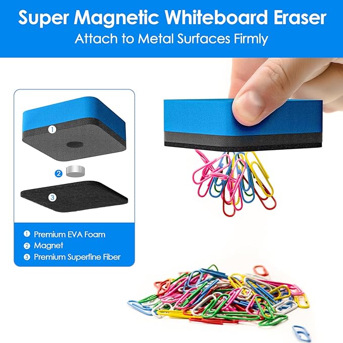 MaxGear Dry Erase Erasers, 48 Pack Magnetic Whiteboard Erasers for Classroom, Mini Whiteboard Cleaning Pads, Chalkboard Wiper Teacher Supplies for School, Office, Home （Blue, 2 x 2 Inch