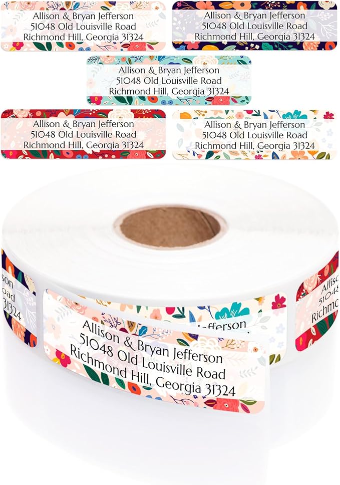 Multicolored Floral Print Rolled Address Labels / 250 Personalized Return Address Labels/Designer Address Stickers in Elegant Plastic Dispenser