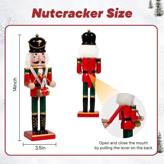 Nutcracker Christmas Decor, 14" Wooden Nutcracker Soldier Christmas Decoration Home Mantle Table Fireplace Christmas Ornaments for Festival Party (14" Black Hat Durm Nutcracker)