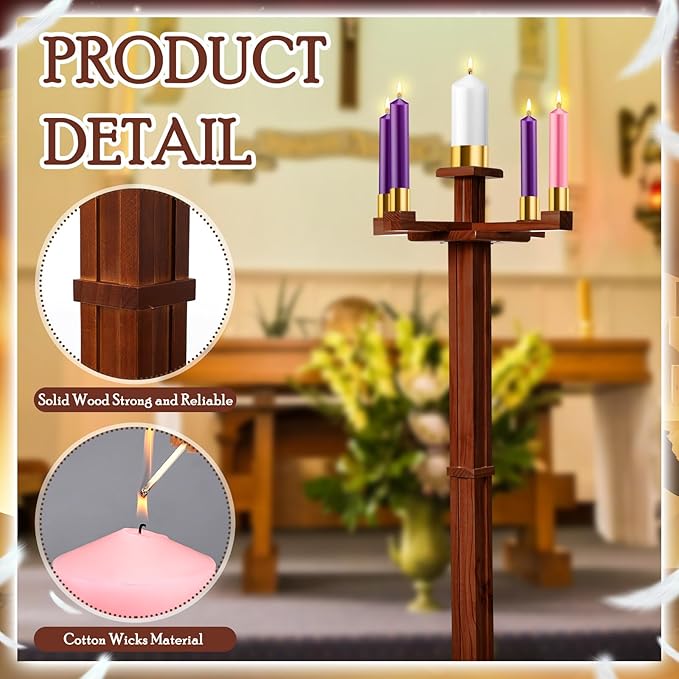 Mumufy 48 Inch Tall Advent Church Stand Candleholder Set of 5 Purple Pink White Candles Wood Nativity Candle Stand with Metal Arch Christmas Candlestick Holder for Christmas Church Holy (Deep Wood)