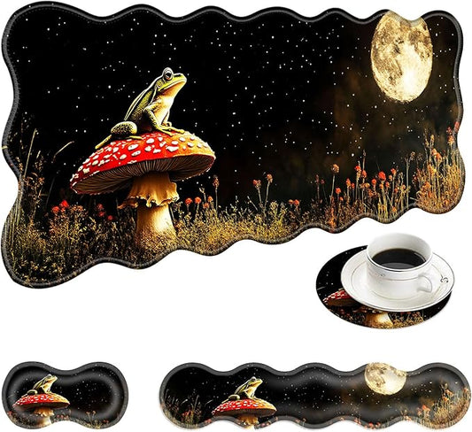 Large Mouse Pad and Keyboard Wrist Rest, Desk Pad for Keyboard and Mouse, 4-in-1 Large Gaming Mouse Pad with Wrist Support, Desk Mat for Home Office Study Game-Cute Frog on Mushroom Moon