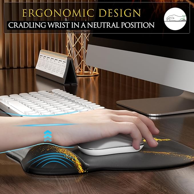 MROCO Ergonomic Mouse Pad with Gel Wrist Rest, Comfortable Mousepad with Smooth Wrist Support Surface and Non-Slip PU Base for Pain Relief, Computer, Laptop, Office & Home, 9.4 x 8.1 in, Black Gold