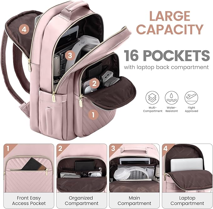 LOVEVOOK Leather Backpack for Women,15.6 inch Leather Laptop Backpack Women Computer Backpack Laptop Bag,Stylish Quilted Travel Backpack Purse Work Bag College Teacher Backpack with USB Port,Rose Pink