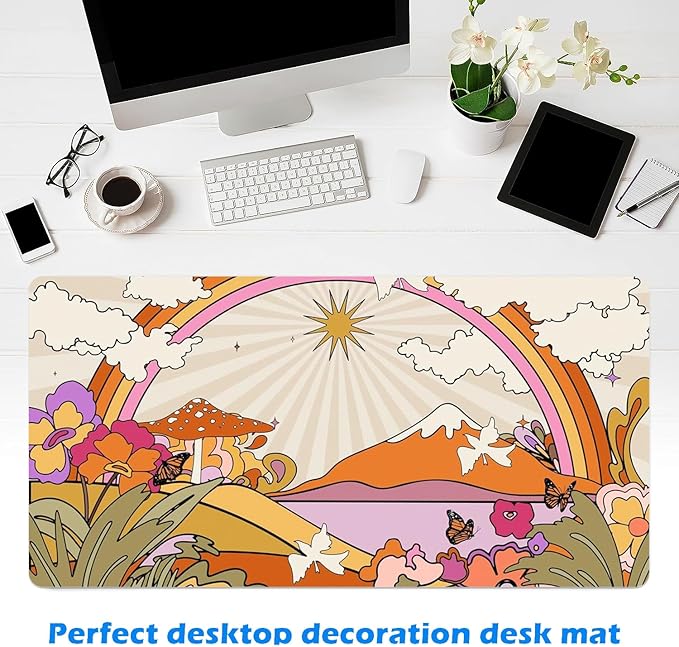 MAYCARI Cute Desk Mat Retro Flowers Clouds Sun and Rainbow Orange Boho Aesthetic Desk Pad Mouse Pad Gaming Mousepad XXL Laptop Keyboard Desktop Writing Pad for Girls Students 31.5"X15.7"