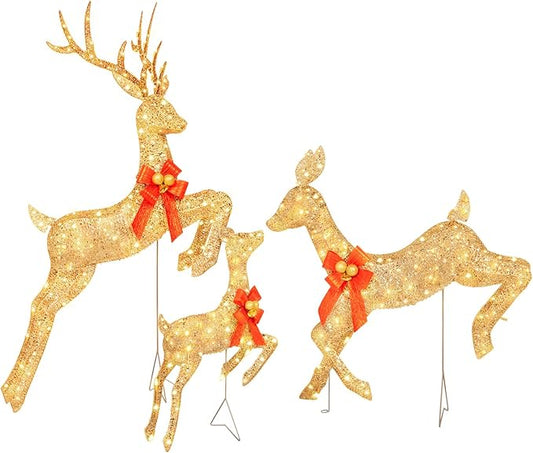 NALONE 3 PC Lighted Reindeer Family Set, 3D Large Christmas Deer Decoration for Outdoor Yard with 210 Warm White LED Lights, Xmas Deers for Outside with Stakes, Bow Ties